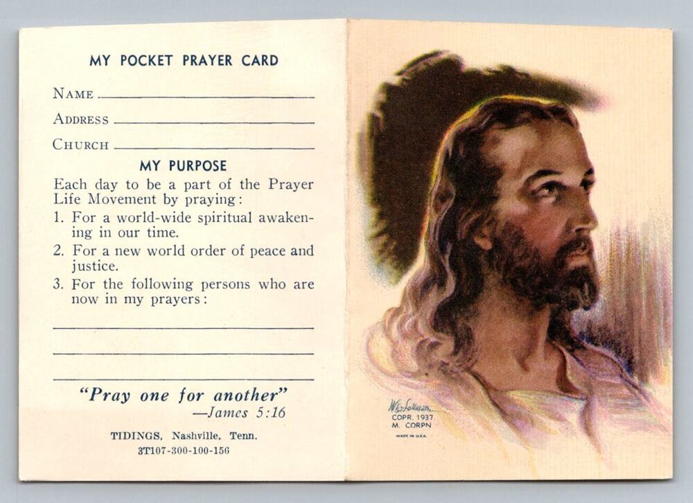 Vintage 1937 Jesus My Pocket Prayer Card Tidings Nashville USA Holy Card